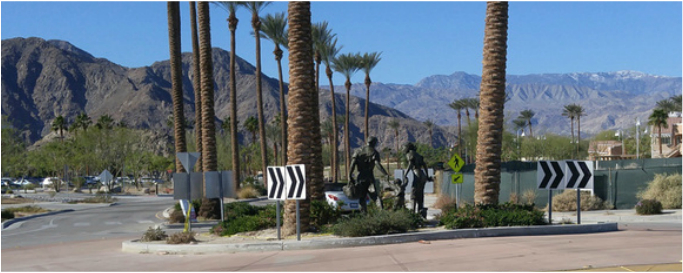 This morning National Sculptors' Guild placed Jane DeDecker's bronze sculpture 'On the Count of Three' at the Seeley Drive roundabout in La Quinta, California. Further landscaping will follow.