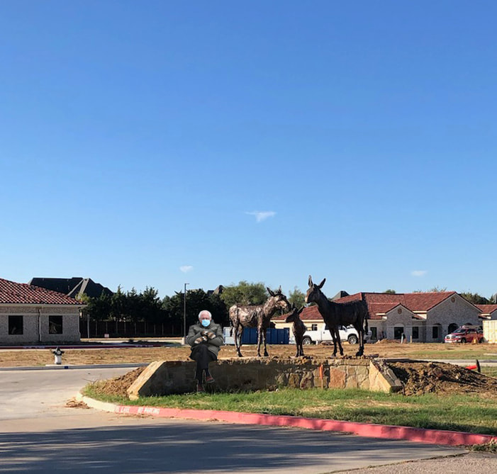 Bernie made it to see some of our public art placements in Southlake, Texas too.
Kathi Caricof’s Texas Stars, Gary Alsum’s Saluting a Hero, Jane DeDecker’s Burro Trio, and Michael Warrick’s Mockingbird Tree.
