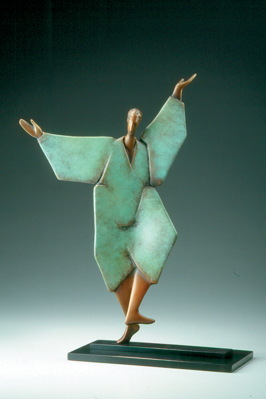 Bonnie Gangelhoff / Southwest Art Jul 01, 2004

Sculptor Carol Gold wrings strong emotions from her sleek bronze figures

EVERY JANUARY, California sculptor Carol Gold settles into her studio to begin the year anew with fresh ideas for her bronze pieces and a chunk of soft, hot wax with which to give them shape. Her ideas about the forms that will occupy her heart and hands over the next 12 months have percolated in her thoughts to some degree, but arise mostly from the unconscious, Gold says.

She squeezes, manipulates, and molds the wax, roughing in shapes as figures emerge-some large, some small, some flat, some rounded. Most of her forms represent the human figure, with the exception of a horse or two. "I think inspiration comes from a lot of places-from where I am emotionally as well as from nature," Gold explains from her airy, 770-square-foot studio perched on a hillside in Northern California. "My work is also informed by what`s going on in the world and what I read."

Last year, for instance, Gold says her work was directly affected by the turmoil in the world, including the U.S. invasion of Iraq and the events leading up to it. "I had this feeling all last year that what I needed to do was create tranquil pieces," she says. "Some artists may respond to what`s going on in the world with anger, but I just can`t do that. I needed my sculptures to be an antidote to the chaos."

TRANQUILITY and EMBRACE, both created in 2003, are two of her most peaceful pieces-ones that Gold describes as "calm and loving." In TRANQUILITY, a relaxed figure sits staring into space as if looking out a window on a beautiful day. In EMBRACE, two people wrap their arms around each other in a display of tender affection. The latter bronze also is an example of how Gold is influenced by what she reads. After finishing the book War is a Force That Gives Us Meaning [2003 ANCHOR] by Chris Hedges, the sculptor was deeply moved by one of the points the author kept stressing. Hedges, a veteran war correspondent for The New York Times, explains in the book that while covering many wars and trying to survive in various war zones-including being ambushed in Central America and imprisoned in the Sudan-the only place he ever felt safe was in the home of a loving couple or family. "EMBRACE came out of that sense of a safe place in the midst of war," Gold says.

Of the many themes woven through Gold`s work, perhaps the most common is communication. Her sculptures often include two figures as in EVENING WALK, ARTTALK, and FIESTA. The moods the sculptor evokes in these twosomes are amazingly varied-from the contemplative, restful depiction of a couple strolling in EVENING WALK to the joyous dance captured in FIESTA. Gold manages to squeeze living, breathing emotion out of cold, hard bronze, whether it`s tenderness of spirit as in EMBRACE or the arrogant poses of two figures in ART TALK.

THERE ARE FEW CLUES in Gold`s sophisticated pieces to reveal her personal roots. Her sleek, contemporary figures are a far artistic cry from growing up on a dairy farm in western Massachusetts. About the only trace of her childhood that a viewer glimpses is through the horses that emerge in her work every now and then. As a girl, Gold spent countless hours riding through the countryside, enjoying the calm and solitude. "I would get on my horse, and all of my anxieties would melt away," she recalls. Today her bronze equines are remnants of those bygone days. Now, as then, the horses represent freedom to the artist. "They were my only mode of escape as a child," she explains.

In addition to a fondness for roaming the countryside on her horse, Gold`s other main interests in her youth were drawing and poring over her parents` book on the history of painting. "At one point my mom gave me art lessons, but I was always more interested in animals," she recalls.

When she headed to Cornell University in Ithaca, NY, Gold was bent on studying veterinary medicine. But her entire world spun in a different direction one day when she signed up for an art history class. After a few hours in class, she was sure that all she ever wanted to pursue was art. Gold quickly changed her major to art and architecture but encountered some rocky patches in subsequent classes. She wanted to learn more about technique, but it was fashionable in the art department then to focus on self-expression. Married at the time, Gold and her husband moved to Boston, MA, after three years at Cornell. She transferred to Boston University, where her artistic desires were met with a more welcome attitude in the fine-arts department. "It was a breath of fresh air," Gold says. "I just wanted to learn the basics like stretching canvas and printmaking first, just the tools I needed in the beginning."

In 1968 Gold moved to California, where she has remained ever since. When her four children were young, she worked at their elementary school as an assistant to a sculpting teacher. By 1972 she was sculpting full time, working first with clay. Three-dimensional forms have always held more allure for Gold, moving her in a way that painting and other two-dimensional artworks have failed to do. Likewise, figures in art have usually had an emotional impact on her, while nonobjective art rarely engages her with quite the same intensity.

Gold`s work has evolved over the past two decades as she moved from clay to wax about 10 years ago. "Clay was too earthbound," she says. "Wax gives me a chance to be more expressive in my forms." While experimenting with wax she has developed a technique for incorporating pieces of burlap, which allows her to fully realize one of what she calls her "two basic sculpting vocabularies"-flat, nude figures and draped figures. Because wax is easier to manipulate than clay, the material goes a long way in helping Gold convey emotions and mood. And using wax enables her to "sketch in" figures rapidly when her ideas are taking shape at the beginning of the year. The sculptor creates about 30 such shapes, but by the end of the year only six or seven will survive and be cast in bronze. "They need to really strike me as far as the mood I am trying to convey, or I will throw them away," she says.

Another signature Gold element is the stunningly rich patinas on her bronze pieces, in colors that range from earthy gold and copper tones to various shades of turquoise that often evoke a southwestern flavor. As this story went to press, the sculptor was preparing works for the prestigious Sculpture in the Park show, held every August in Loveland, CO [see page 74]. Her piece FIESTA is also scheduled for installation in Lovelanci`s Benson Sculpture Park this summer.

Gold isn`t fond of speculating about what ideas she will explore in the future, except to say that communication is always a reoccurring theme. For now, she`s content to read, share opinions, pay attention to the world at large, and have faith that when a hunk of wax is set before her, her unconscious will light the way.

Gold is represented by Bronze Coast Gallery, Cannon Beach, OR; Savage Stephens Contemporary Art Works, Carmel, CA; Coda Gallery, Palm Desert, CA, and New York, NY; and Columbine Gallery, Loveland, CO, and Santa Fe, NM.

SIDEBAR

"I think inspiration comes from a lot of places-from where I am emotionally as well as from nature."

ILLUSTRATIONS

EMBRACE, BRONZE, 14 × 7 × 3 ½.

FIESTA, BRONZE, 29 ½ × 36 × 9.

CAROL GOLD

ART TALK, BRONZE, 17 × 15 × 8.

CELEBRATION, BRONZE, 19 ½ × 12 × 6.

KOBILA, BRONZE, 23 × 25 × 9.

AUTHOR AFFILIATION

Bonnie Gangelhoff is the senior editor of Southwest Art.

COPYRIGHT: Copyright Sabot Publishing, Inc. Jul 2004. Provided by Proquest- CSA, LLC. All Rights Reserved. Only fair use as provided by the United States copyright law is permitted.