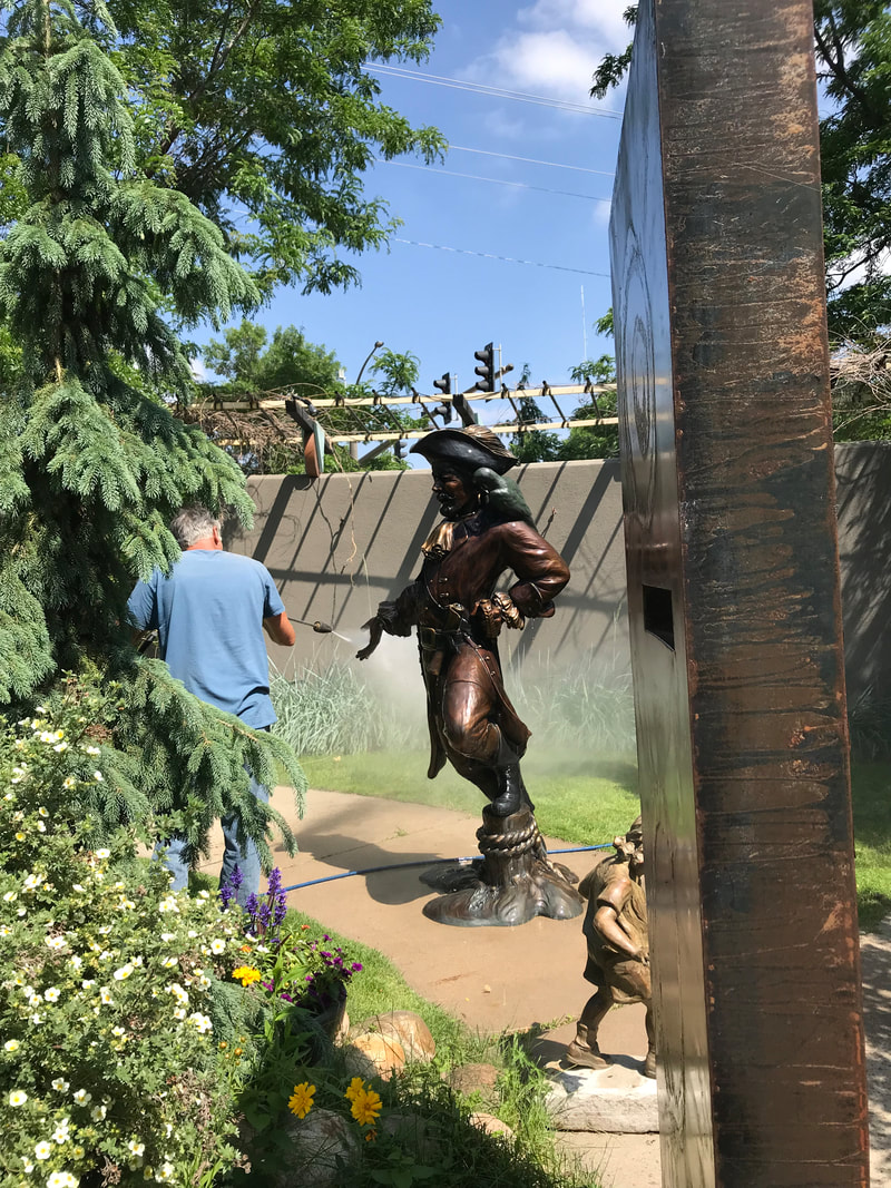 Sculpture Services of Colorado came to the NSG garden to clean Arrgh up before we loaded it up to head to Edmond, OK. We'll miss this pirate in the garden, but happy it'll be enjoyed in its permanent placement.