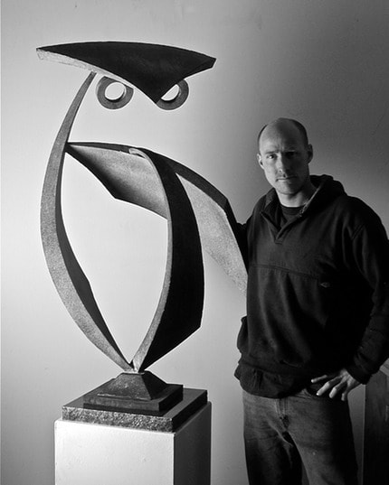 Wildlife bronze sculpture by DON RAMBADT available at Columbine Gallery home of the National Sculptors' Guild Colorado's Largest Fine Art Source Specialists in Public Art “My sculptural work is rooted primarily in the presentation of form in space. I explore the positive/negative space relationship and how this interplay can be manipulated to give the impression of life and movement to my chosen subjects. Although my work is somewhat abstract, it has a strong basis in anatomical accuracy. I feel it necessary to have an intimate understanding of my subject matter before attempting to abstract it. This allows me to pick and choose which physical characteristics to emphasize or de-emphasize, thus creating a unique visual experience with each completed sculpture.” I have been interested in art since I was a child, but it wasn't until I first put two pieces of metal together in a college sculpture course that I truly found my voice. I have been fortunate to be able to combine my lifelong curiosity towards the natural world with a creative path that allows me to explore my own vision of what is interesting and beautiful.  By continuing to push my own boundaries artistically, I hope to ensure that the journey never ends. Magnetic Migration      If you’ve come across this page as a result of finding a little metal bird perched in an unlikely place, thank you for being curious enough to explore your find further.  I would like to invite you to participate in my little project which stemmed from a series of sculptures I was creating which featured delicate birds juxtaposed against more imposing massive forms. I realized I could only push the contrast so far before it became impractical to build and transport the works, so I decided to employ 