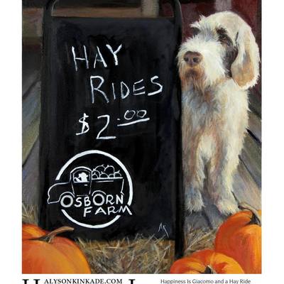 Stop by Osborn Farm this October and pick up a magnet of  Alyson Kinkade's painting “Happiness Is Giacomo and a Hayride”, just $2!

You need pumpkins anyway! If this isn't part of your Fall family traditions, start now!

Comes with a special rate code towards a giclee canvas or paper print of Giacomo; or get a custom original oil of your own pet through alysonkinkade.com
#MeetGiacomo #OsbornFarm #DogsOfOsbornFarm #HappinessIs #Giacomo #SpinoneItaliano #Pumpkins #HayRide #print #giclee #originaloil #art #dogart #petportrait #OctoberFun#HayRidesStillTwoDollars #AroundLoveland