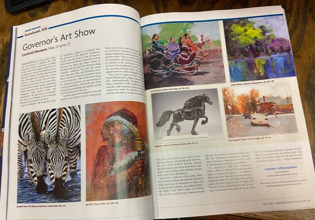 Columbine Gallery's John Kinkade was featured in Southwest Art's May issue about the upcoming Colorado Governor's Art Show and Sale. John has been the Governor’s Show Board and Show Committee events director for the past six years, and he explains many of the changes he and his team have made to revitalize the show to appeal to today's art collectors and showcase Colorado artists to the fullest. This year they are celebrating 30 years.  Grab a Southwest Art magazine to read more, then check out the show which runs from May 22nd to June 27th at the Loveland Museum. Learn more.... https://governorsartshow.org/ click 